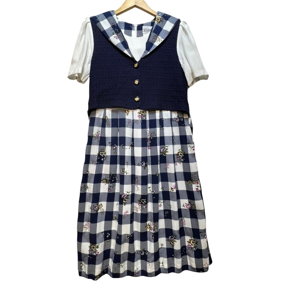 Vintage Just In Thyme Women Cottage Shirt Dress 12P Blue Gingham Floral Knit Ves